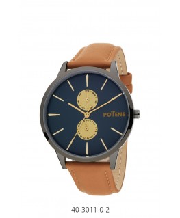 BLACK POTENS WATCH WITH BROWN LEATHER STRAP AND CALENDAR