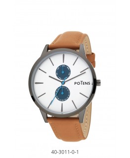 BLACK POTENS WATCH WITH BROWN LEATHER STRAP AND CALENDAR