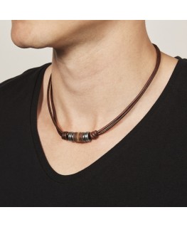 FOSSIL STEEL AND LEATHER NECKLACE