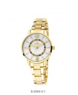 RELOJ NOWLEY DORADO CON ESFERA DE NÁCAR Y ZIRCONITAS DE COLOR