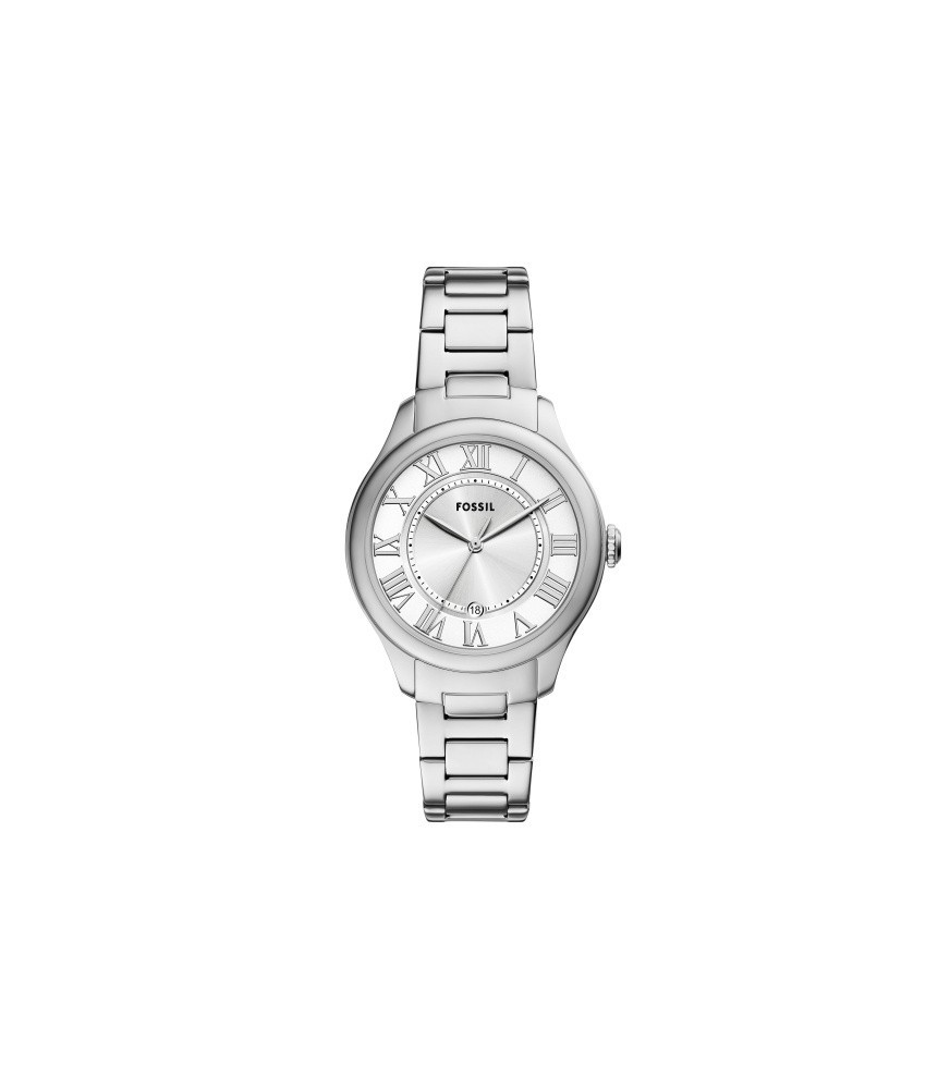 Unisex all stainless steel Fossil watch with roman cifers and calendar. ES5393